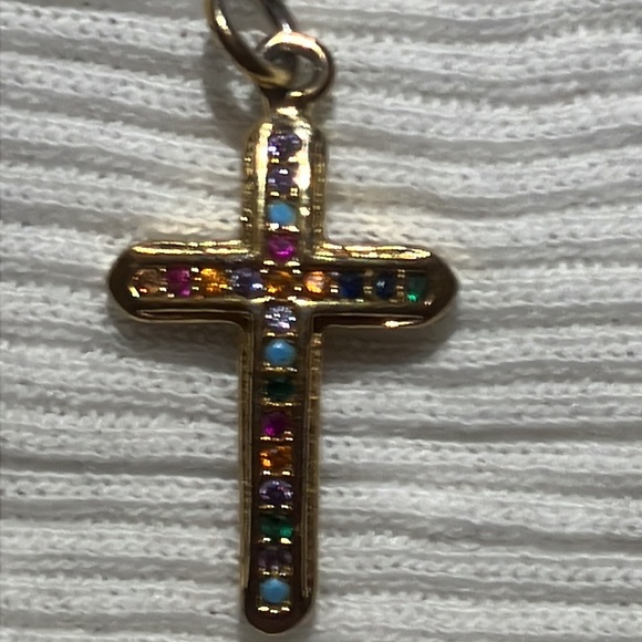 Tiny Gold Cross Pendant with Stones - Picture 3 of 6